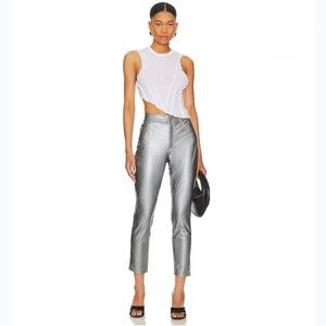 Metallic Silver Straight-Leg Pants